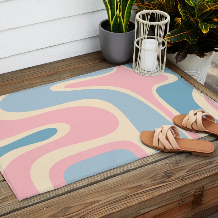Retro Abstract Copacetic Pattern Pastel Pink and Blue Outdoor Rug Gallery Image 2