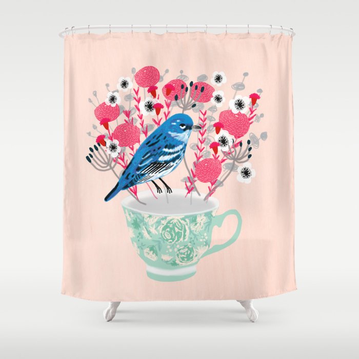 Bird on a Teacup by Andrea Lauren  Shower Curtain Gallery Image 1