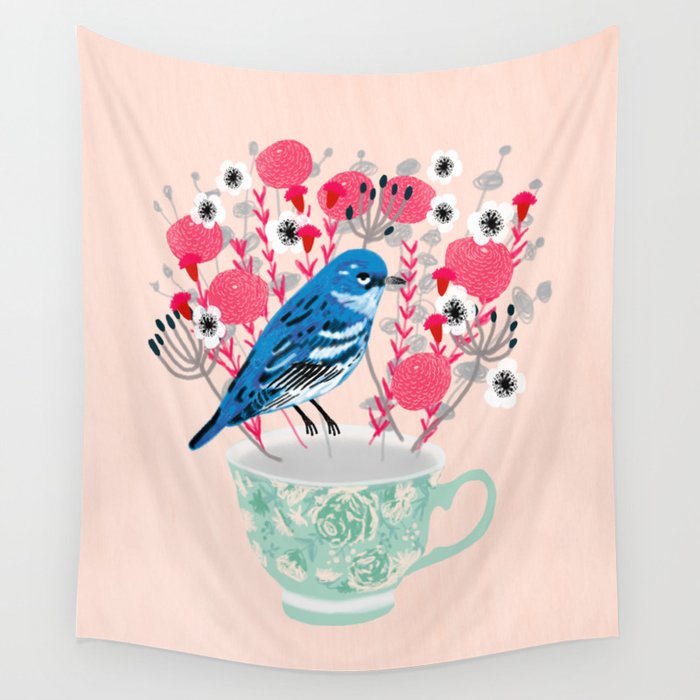 Bird on a Teacup by Andrea Lauren  Wall Tapestry Gallery Image 4