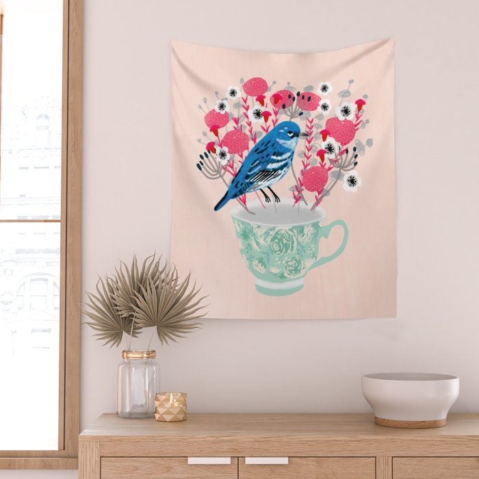 Bird on a Teacup by Andrea Lauren  Wall Tapestry Gallery Image 2