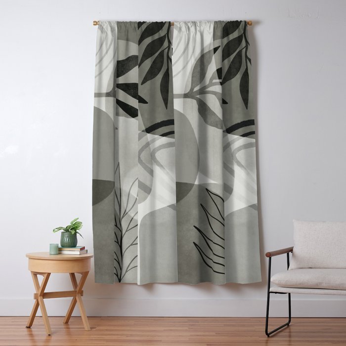 Abstract Botanical Mid Century Art Greenish Grey Window Curtain Gallery Image 1