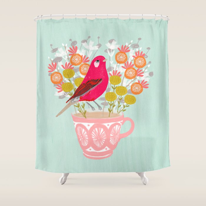 Bird on a Teacup by Andrea Lauren  Shower Curtain Gallery Image 1