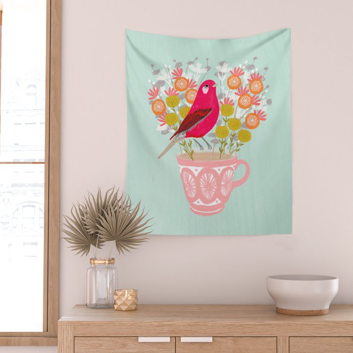 Bird on a Teacup by Andrea Lauren  Wall Tapestry Gallery Image 2