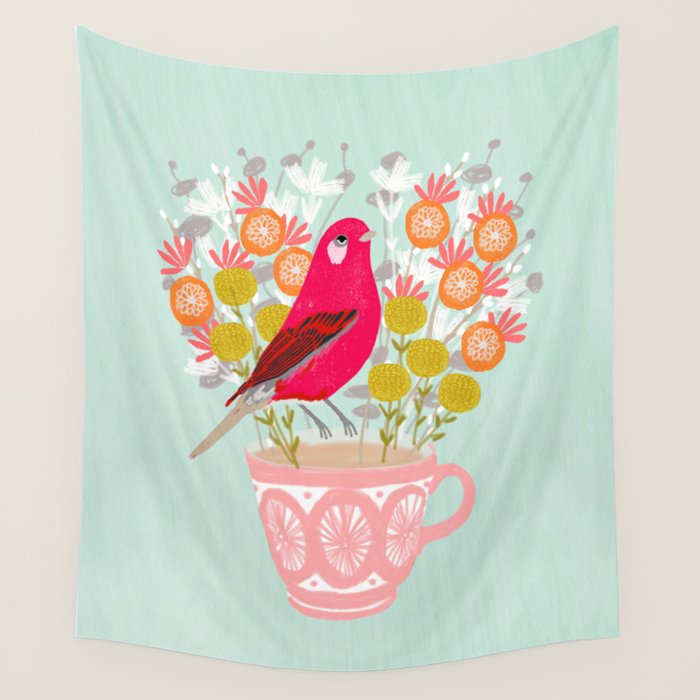 Bird on a Teacup by Andrea Lauren  Wall Tapestry Gallery Image 4