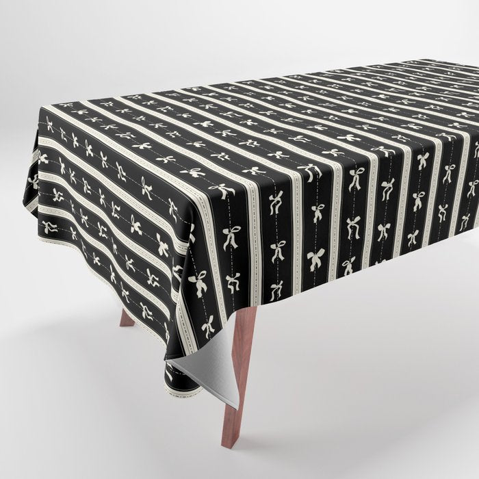 Coquette beige Bows on a black and beige stripes background pattern Tablecloth Gallery Image 1
