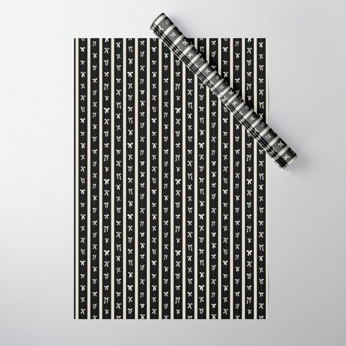 Coquette beige Bows on a black and beige stripes background pattern Wrapping Paper Gallery Image 1