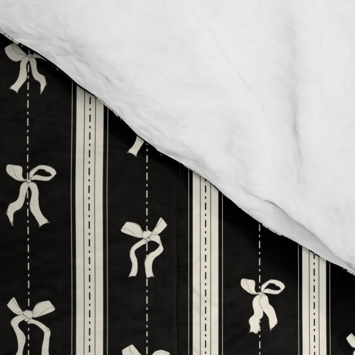 Coquette beige Bows on a black and beige stripes background pattern Comforter Gallery Image 4