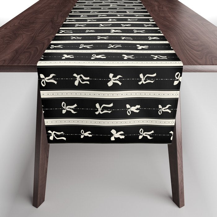 Coquette beige Bows on a black and beige stripes background pattern Table Runner Gallery Image 1