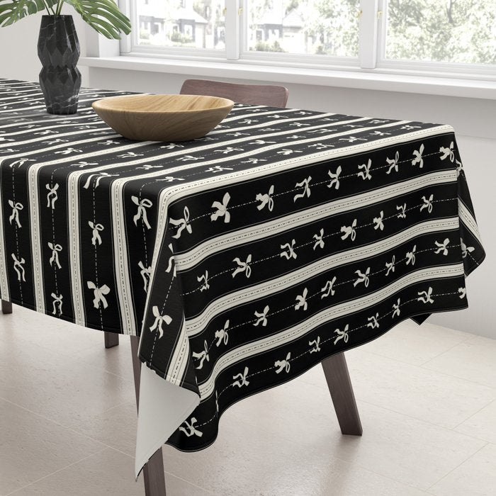 Coquette beige Bows on a black and beige stripes background pattern Tablecloth Gallery Image 3