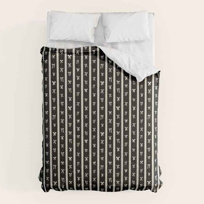 Coquette beige Bows on a black and beige stripes background pattern Comforter Gallery Image 6