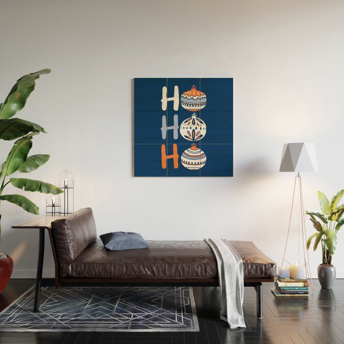HoHoHo Cheerful little Christmas Illustration blue Wood Wall Art Gallery Image 2