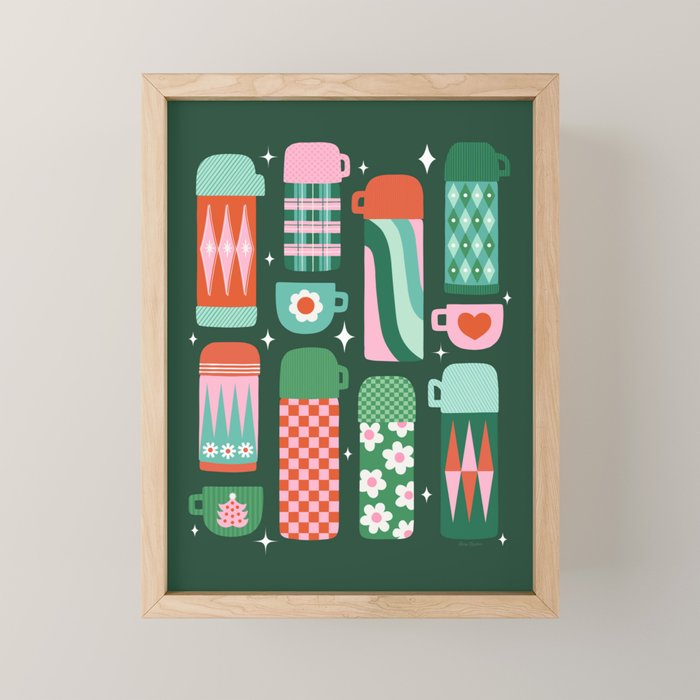 Retro Christmas Coffee Thermoses - Green Mini Art Print Gallery Image 1