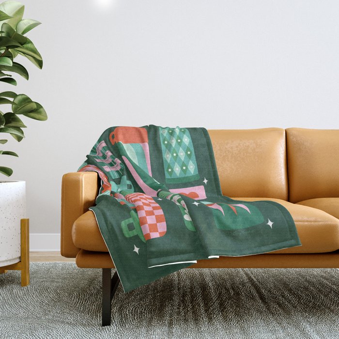 Retro Christmas Coffee Thermoses - Green Throw Blanket Gallery Image 1