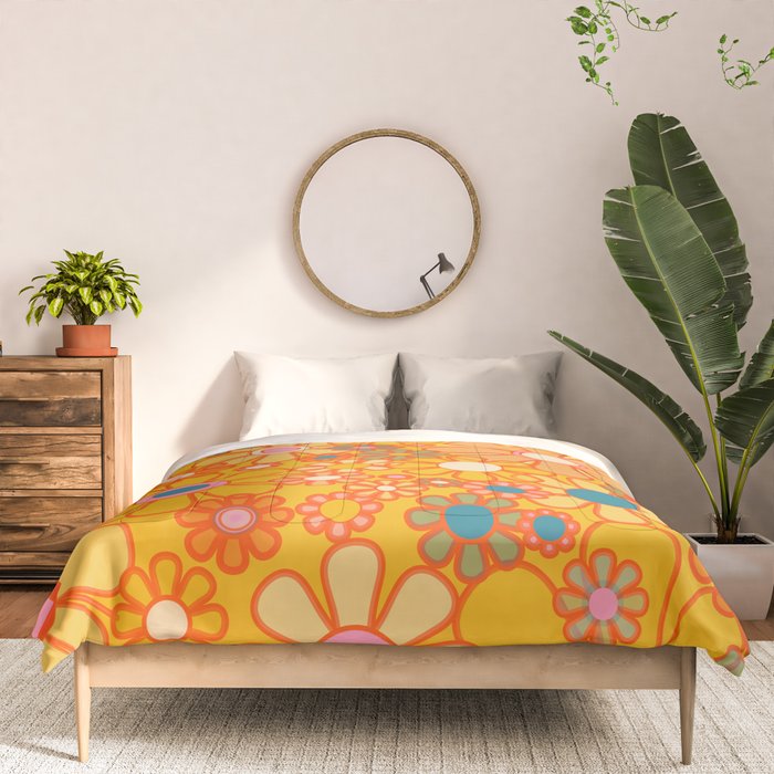 Yellow Retro Garden Flowers Vintage 60s 70s Aesthetic Floral Pattern Comforter Gallery Image 3