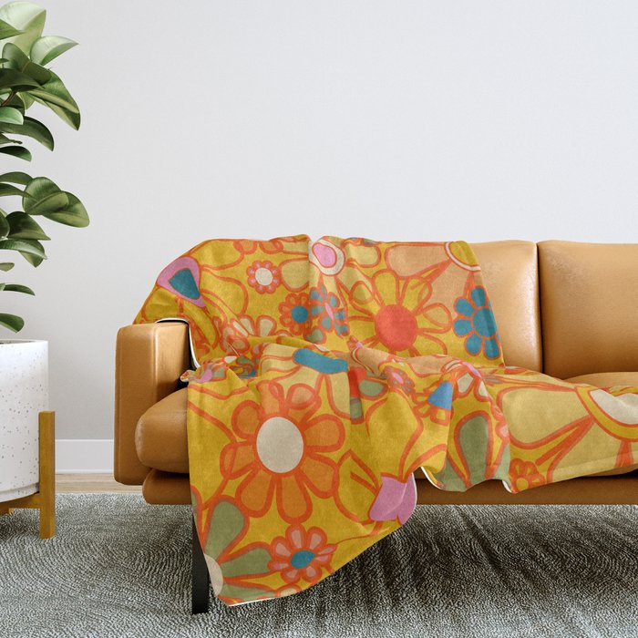 Yellow Retro Garden Flowers Vintage 60s 70s Aesthetic Floral Pattern Throw Blanket Gallery Image 2