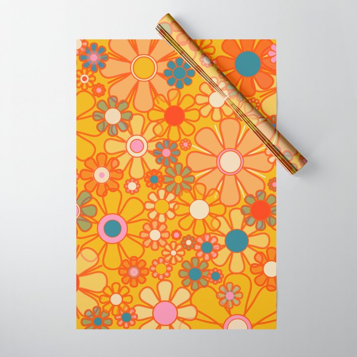 Yellow Retro Garden Flowers Vintage 60s 70s Aesthetic Floral Pattern Wrapping Paper Gallery Image 1