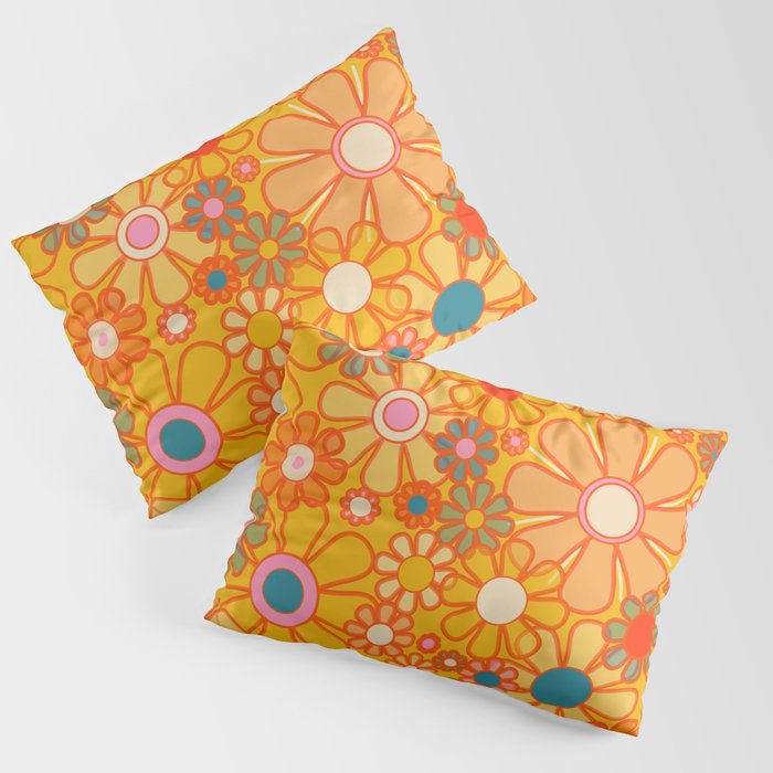 Yellow Retro Garden Flowers Vintage 60s 70s Aesthetic Floral Pattern Pillow Sham Gallery Image 1