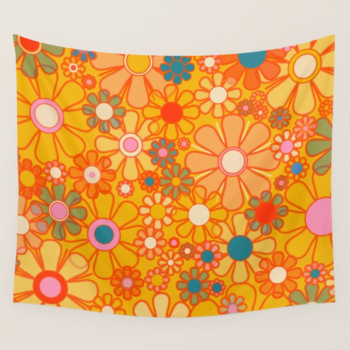 Yellow Retro Garden Flowers Vintage 60s 70s Aesthetic Floral Pattern Wall Tapestry Gallery Image 1