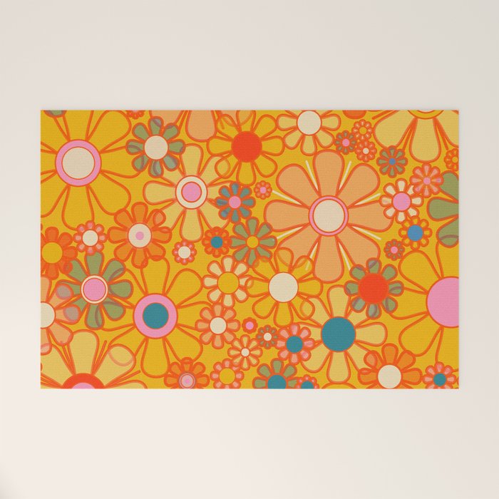 Yellow Retro Garden Flowers Vintage 60s 70s Aesthetic Floral Pattern Welcome Mat Gallery Image 1