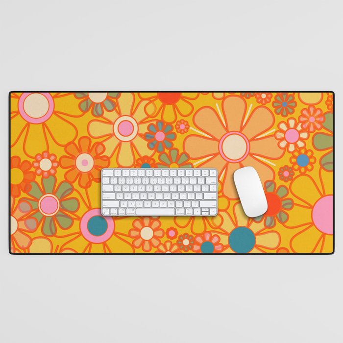 Yellow Retro Garden Flowers Vintage 60s 70s Aesthetic Floral Pattern Desk Mat Gallery Image 1