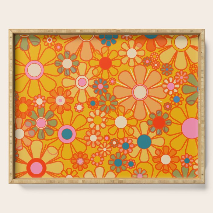 Yellow Retro Garden Flowers Vintage 60s 70s Aesthetic Floral Pattern Serving Tray Gallery Image 1