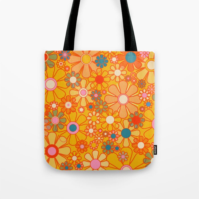 Yellow Retro Garden Flowers Vintage 60s 70s Aesthetic Floral Pattern Tote Bag Gallery Image 1