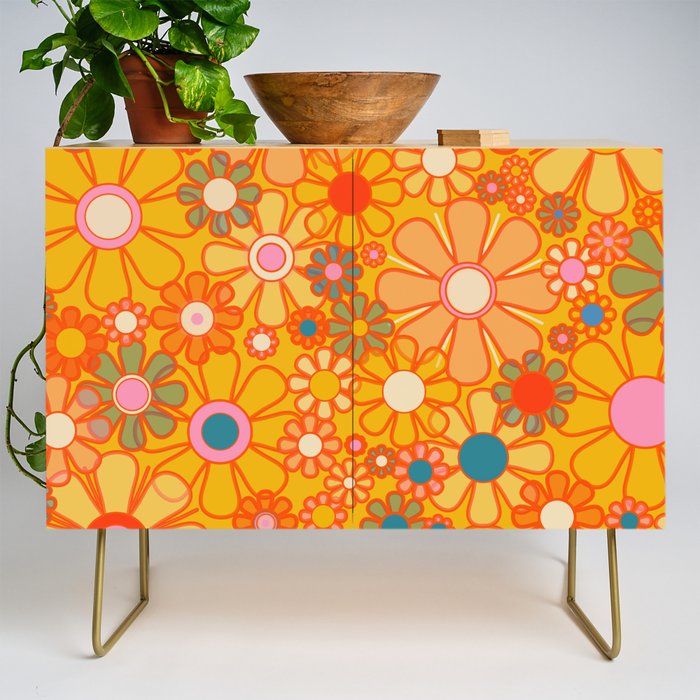 Yellow Retro Garden Flowers Vintage 60s 70s Aesthetic Floral Pattern Credenza Gallery Image 1