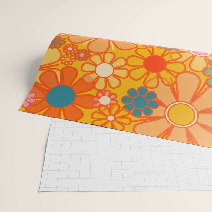 Yellow Retro Garden Flowers Vintage 60s 70s Aesthetic Floral Pattern Wrapping Paper Gallery Image 2