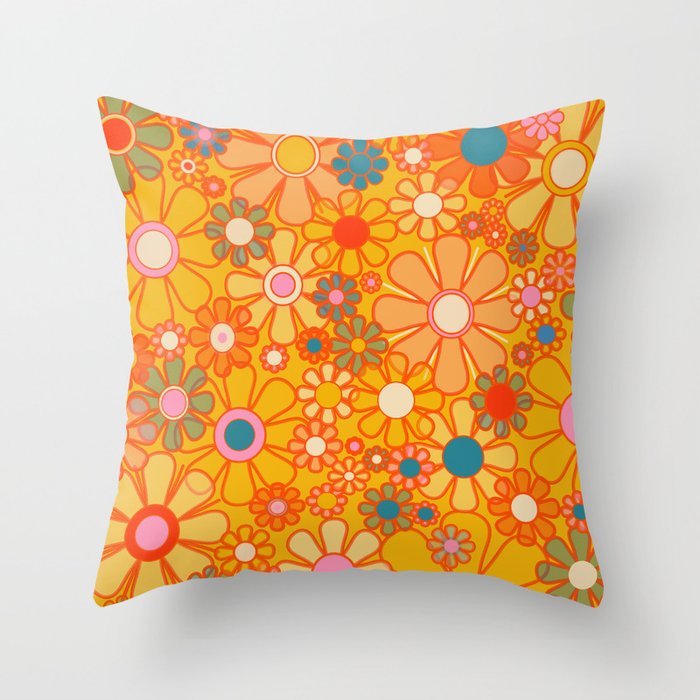 Yellow Retro Garden Flowers Vintage 60s 70s Aesthetic Floral Pattern Throw Pillow Gallery Image 1