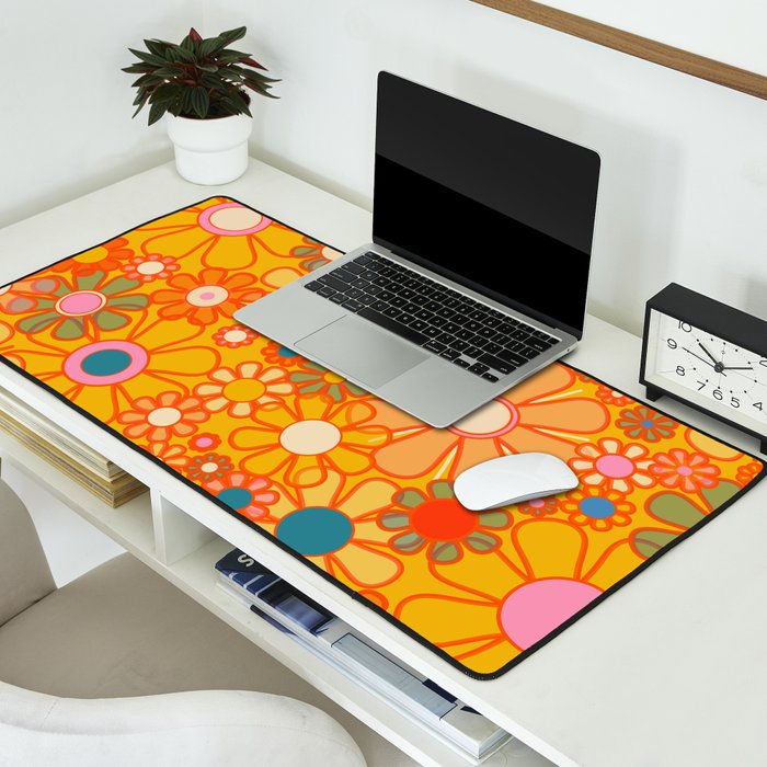Yellow Retro Garden Flowers Vintage 60s 70s Aesthetic Floral Pattern Desk Mat Gallery Image 2