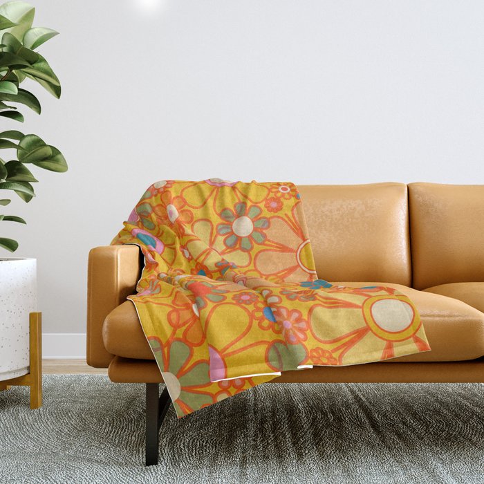 Yellow Retro Garden Flowers Vintage 60s 70s Aesthetic Floral Pattern Throw Blanket Gallery Image 1