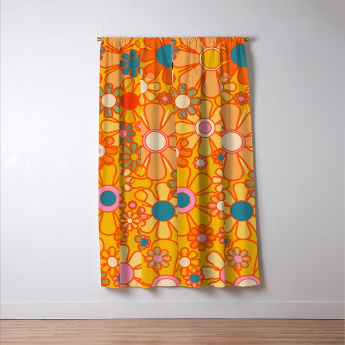Yellow Retro Garden Flowers Vintage 60s 70s Aesthetic Floral Pattern Window Curtain Gallery Image 3