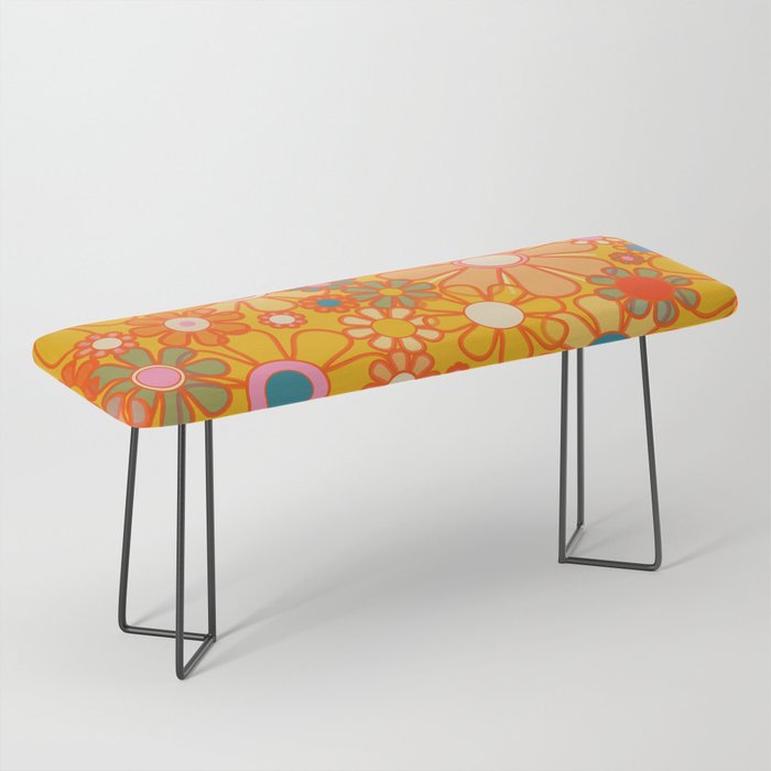 Yellow Retro Garden Flowers Vintage 60s 70s Aesthetic Floral Pattern Bench Gallery Image 1
