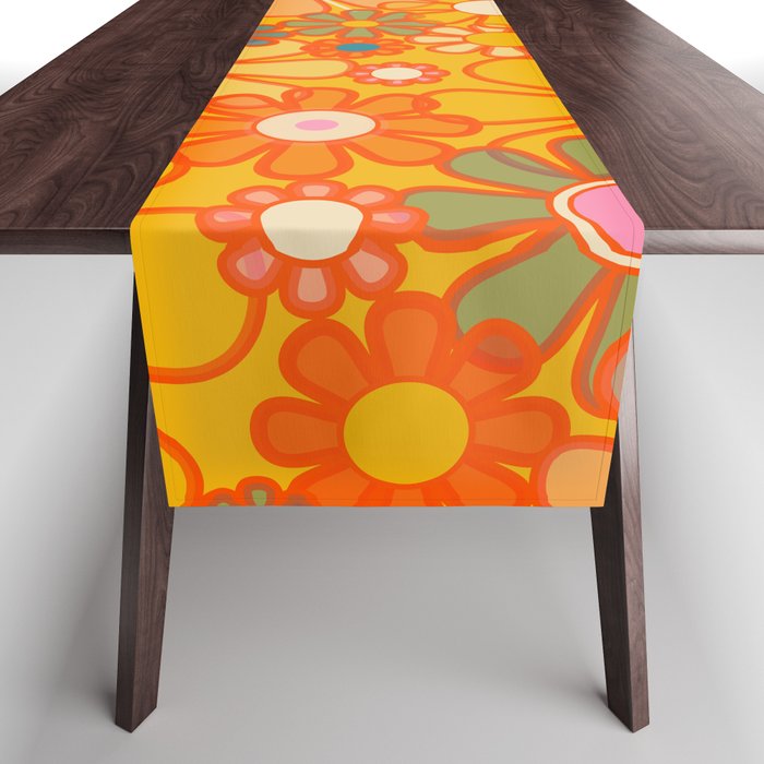 Yellow Retro Garden Flowers Vintage 60s 70s Aesthetic Floral Pattern Table Runner Gallery Image 1