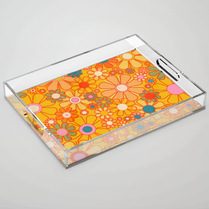Yellow Retro Garden Flowers Vintage 60s 70s Aesthetic Floral Pattern Acrylic Tray Gallery Image 1