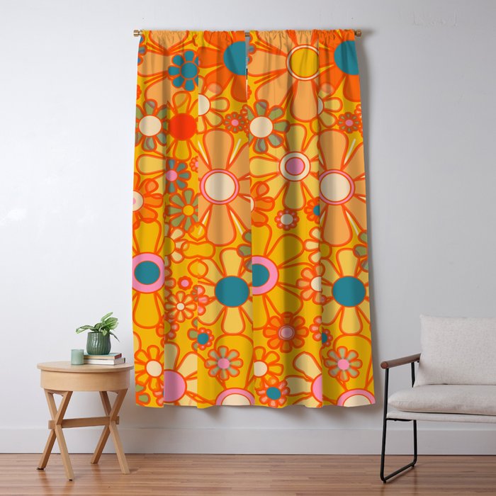 Yellow Retro Garden Flowers Vintage 60s 70s Aesthetic Floral Pattern Window Curtain Gallery Image 1