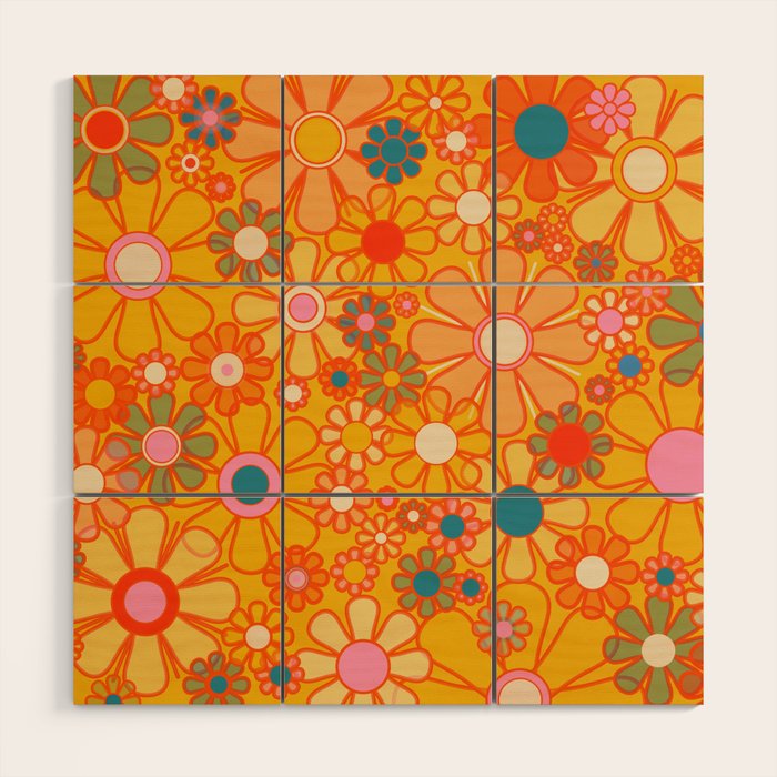 Yellow Retro Garden Flowers Vintage 60s 70s Aesthetic Floral Pattern Wood Wall Art Gallery Image 1