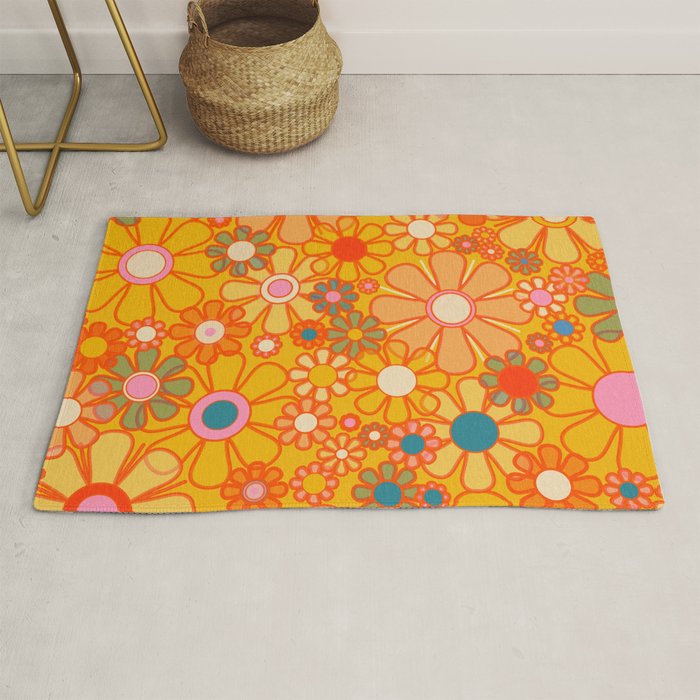 Yellow Retro Garden Flowers Vintage 60s 70s Aesthetic Floral Pattern Rug Gallery Image 1