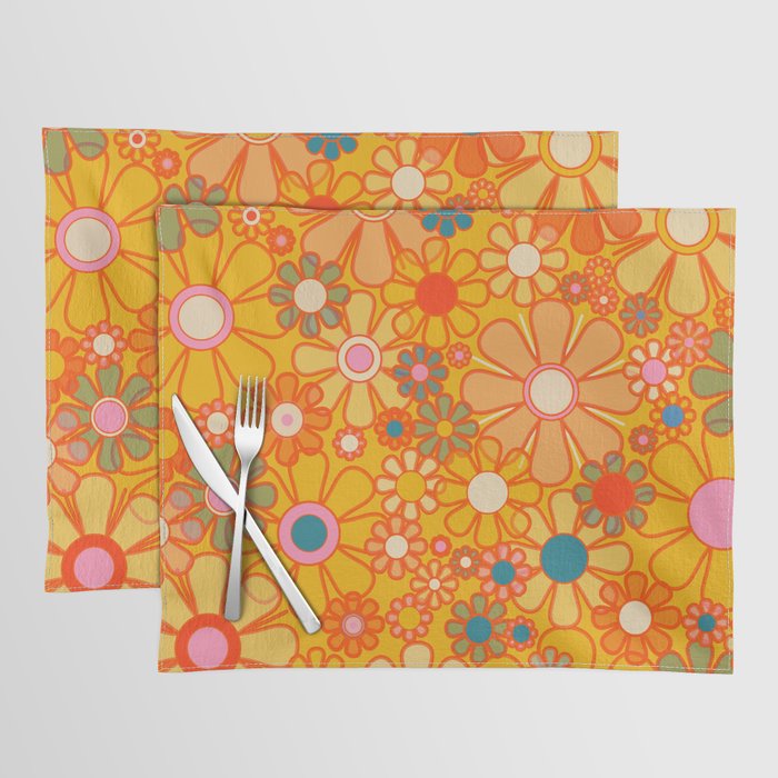 Yellow Retro Garden Flowers Vintage 60s 70s Aesthetic Floral Pattern Placemat Gallery Image 1