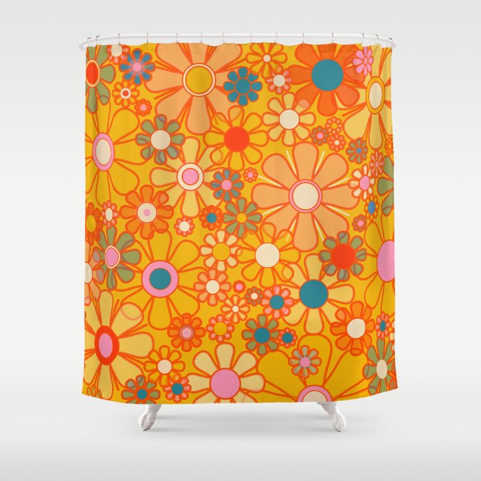 Yellow Retro Garden Flowers Vintage 60s 70s Aesthetic Floral Pattern Shower Curtain Gallery Image 1