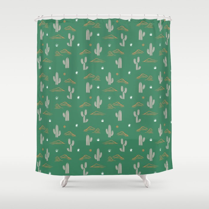 Retro cactus plant art pattern Shower Curtain Gallery Image 1