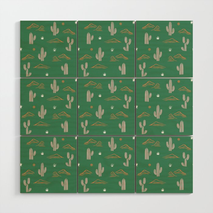 Retro cactus plant art pattern Wood Wall Art Gallery Image 1