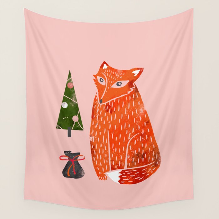 Christmas fox - illustration Wall Tapestry Gallery Image 1