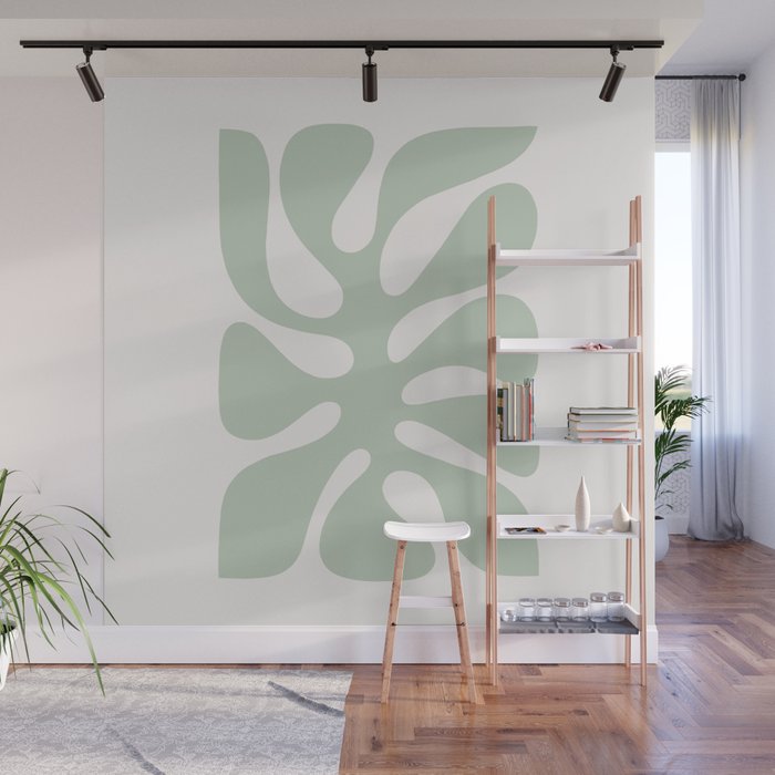 Minimal Abstract Matisse Monstera Pastel Sage Green 1/2 Wall Mural Gallery Image 1