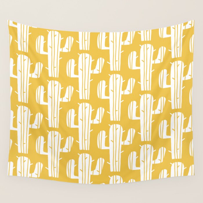 Mid Century Modern Desert Cactus Pattern 835 Yellow Wall Tapestry Gallery Image 1