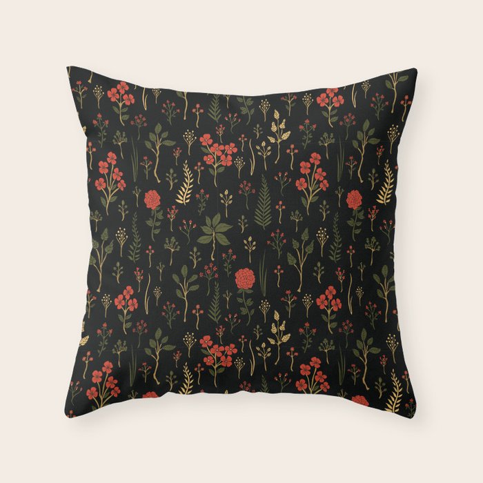 Green, Red-Orange, and Black Floral/Botanical Print Throw Pillow Gallery Image 6