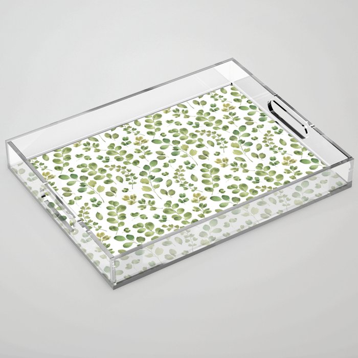 Watercolor green botanical leaves hand painted pattern Acrylic Tray Gallery Image 1