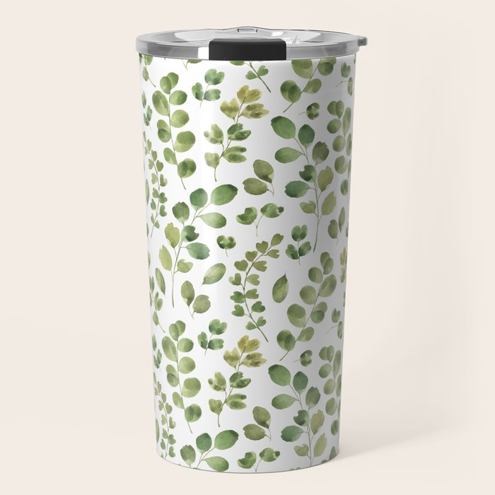 Watercolor green botanical leaves hand painted pattern Travel Mug Gallery Image 1