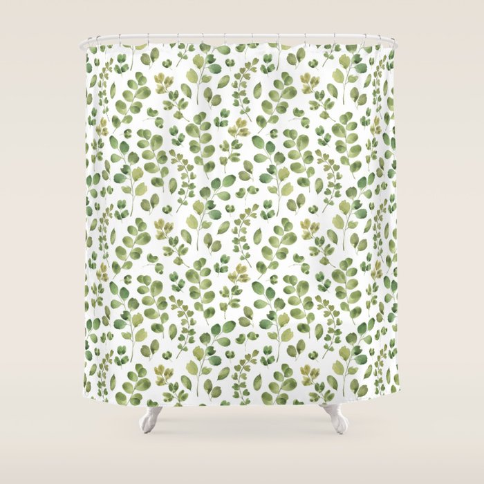 Watercolor green botanical leaves hand painted pattern Shower Curtain Gallery Image 1