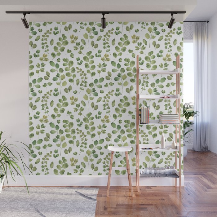 Watercolor green botanical leaves hand painted pattern Wall Mural Gallery Image 1